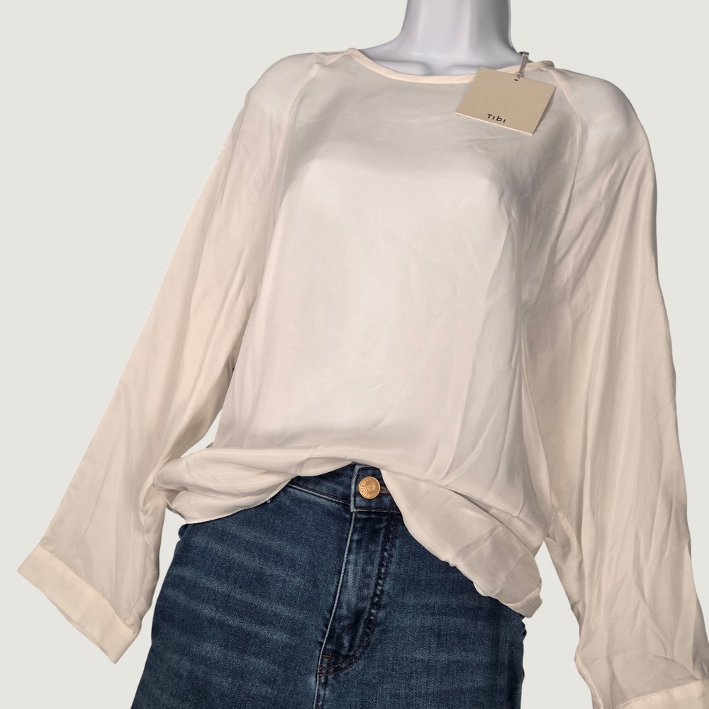 Tibi NEW $295 Women Large Cupro Easy Sweatshirt White Sheer Long Sleeve Office